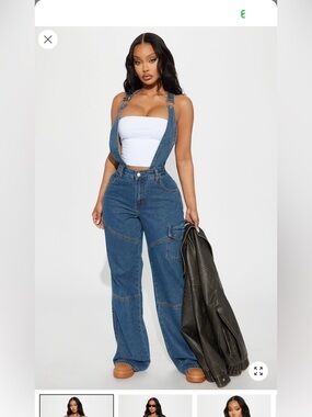 Fashion Nova Dark Blue Denim Straight Leg Overalls